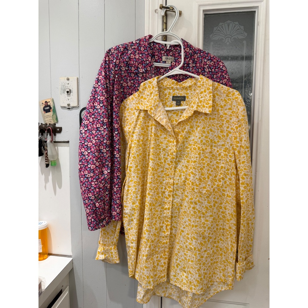 Style & Co Floral Button Down Shirts Set of 2 Pink Yellow Cotton Blouses XL